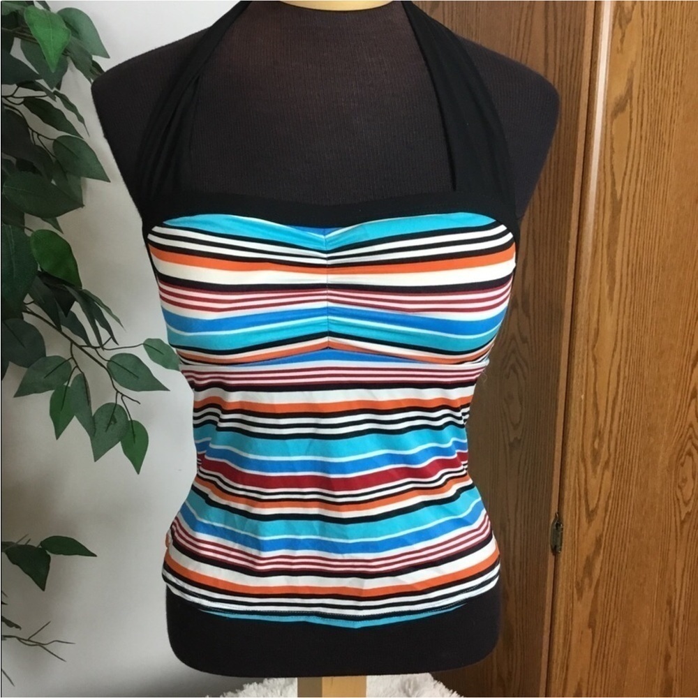 Baltex striped halter tankini Woman’s size 10 back of neck tie multicolor